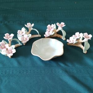 Vintage Bone China Set of 4 Pink Dogwood Napkin Rings, PIA 1986 With Small Bowl